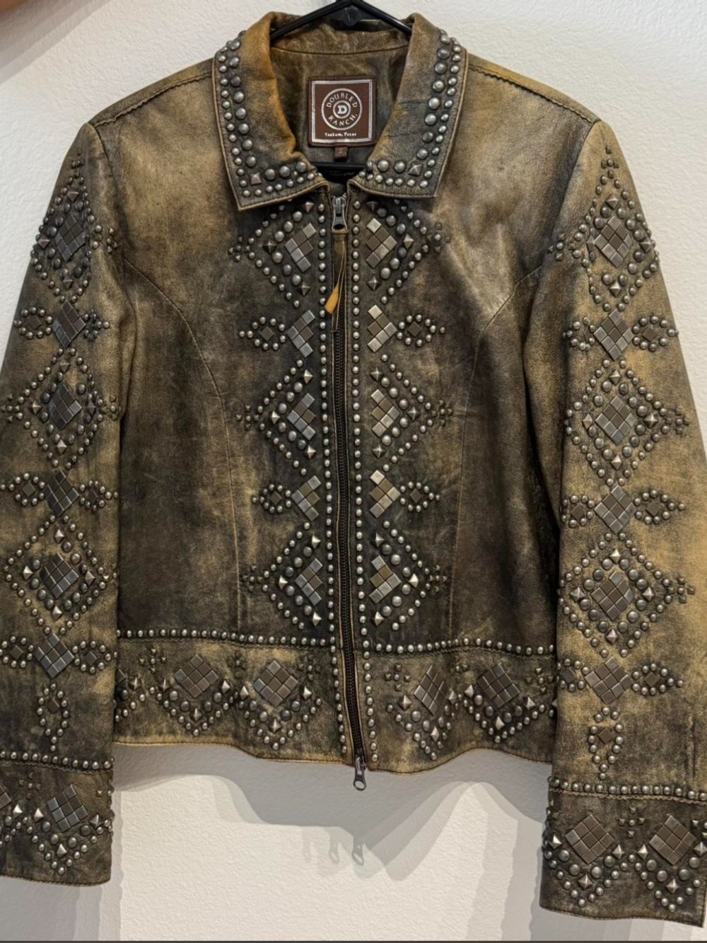 Double d Ranch distressed leather Biker Jacket studded Western boho Rtl $1095 S